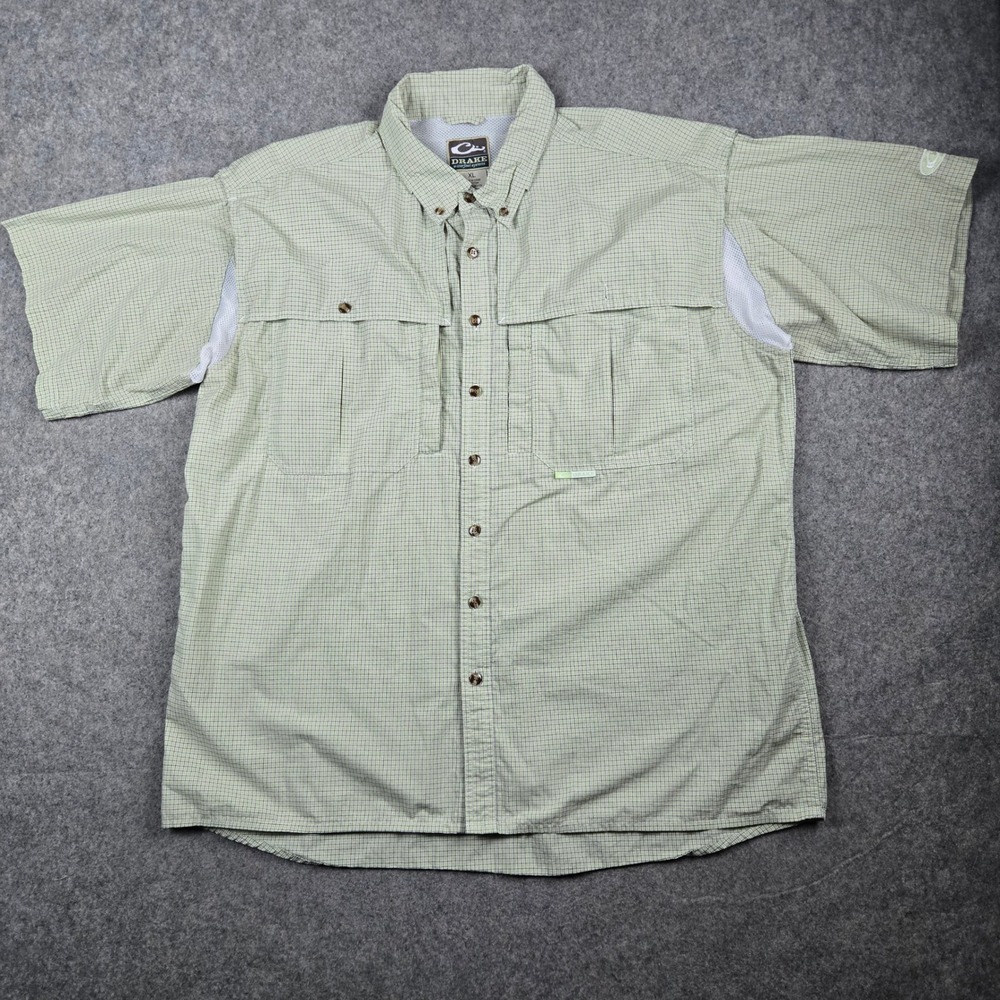 Drake Fishing Shirt Mens XL Green Plaid Vented Performance Hunting Utility